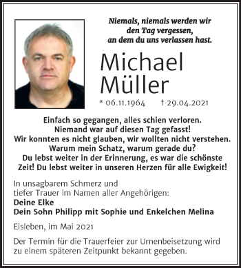 Traueranzeige von Michael Müller von Trauerkombi Mansfelder Land