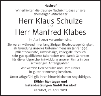 Traueranzeige von Nachruf Mitarbeiter Köhler Montagen von Wochenspiegel Merseburg/Querfurt
