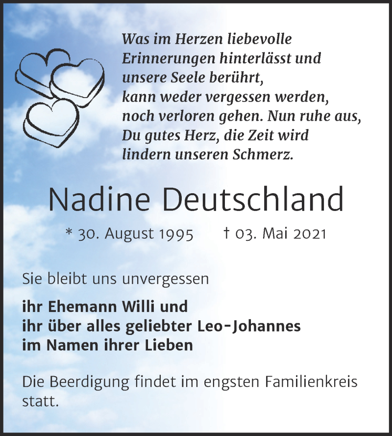  Traueranzeige für Nadine Deutschland vom 08.05.2021 aus Naumburger Tageblatt