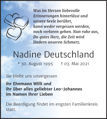 Traueranzeige von Nadine Deutschland von Naumburger Tageblatt