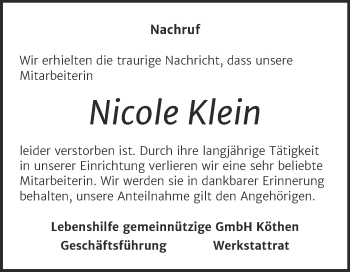 Traueranzeige von Nicole Klein von Mitteldeutsche Zeitung Köthen
