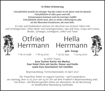 Traueranzeige von Otfried und Hella Herrmann von Trauerkombi Sangerhausen