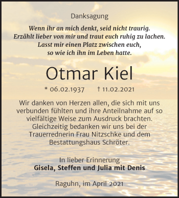 Traueranzeige von Otmar Kiel von Trauerkombi Bitterfeld