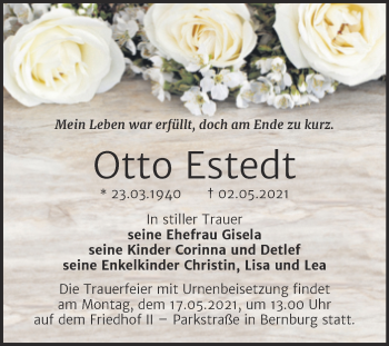 Traueranzeige von Otto Estedt von Trauerkombi Bernburg