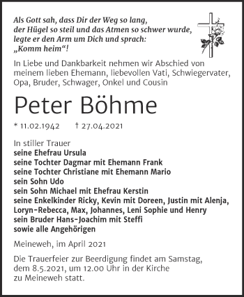 Traueranzeige von Peter Böhme von Trauerkombi Zeitz