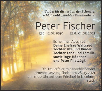 Traueranzeige von Peter Fischer von Trauerkombi Bernburg
