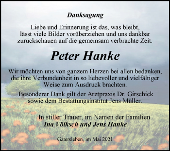 Traueranzeige von Peter Hanke von Trauerkombi Aschersleben