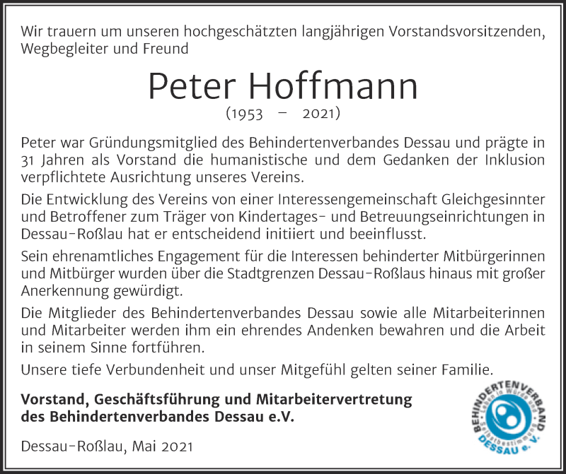  Traueranzeige für Peter Hoffmann vom 08.05.2021 aus Mitteldeutsche Zeitung Dessau-Roßlau