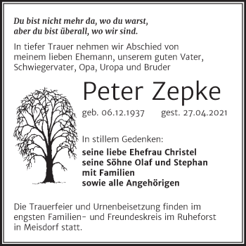 Traueranzeige von Peter Zepke von Trauerkombi Aschersleben