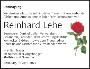 Traueranzeige von Reinhard Lehe von Trauerkombi Bernburg
