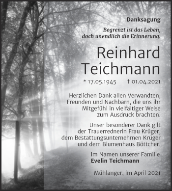 Traueranzeige von Reinhard Teichmann von Trauerkombi Wittenberg