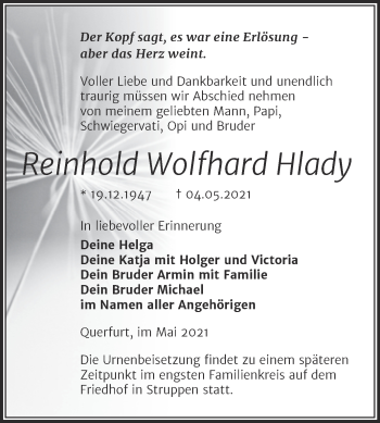 Traueranzeige von Reinhold Wolfhard Hlady von Trauerkombi Merseburg