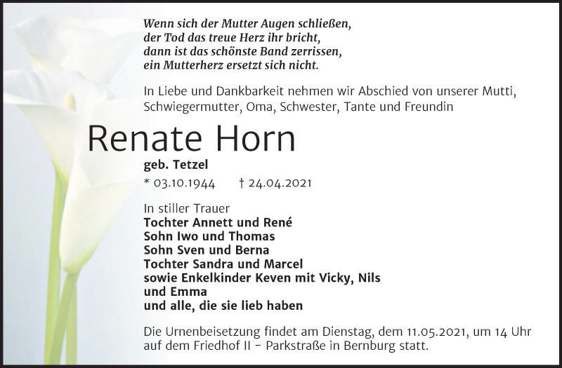  Traueranzeige für Renate Horn vom 01.05.2021 aus Trauerkombi Bernburg
