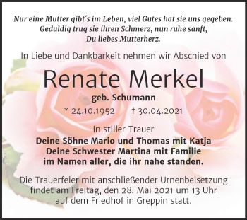 Traueranzeige von Renate Merkel von Trauerkombi Bitterfeld