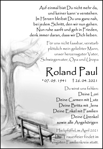 Traueranzeige von Roland Paul von Trauerkombi Sangerhausen