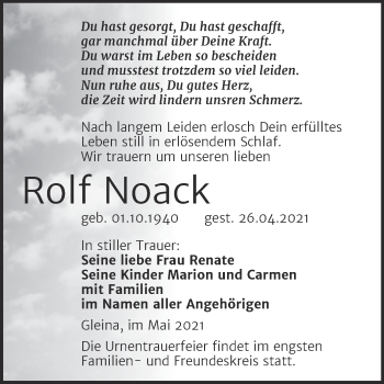 Traueranzeige von Rolf Noack von Wochenspiegel Naumburg/Nebra