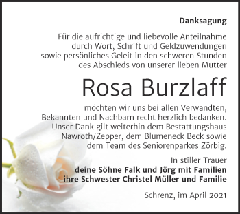 Traueranzeige von Rosa Burzlaff von Trauerkombi Bitterfeld
