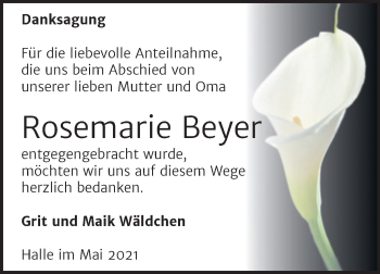 Traueranzeige von Rosemarie Beyer von Mitteldeutsche Zeitung Halle/Saalkreis