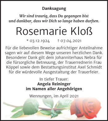Traueranzeige von Rosemarie Kloß von Wochenspiegel Naumburg/Nebra