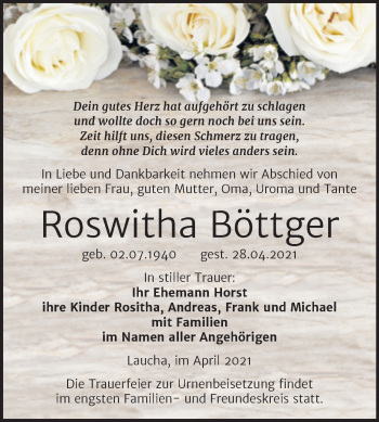 Traueranzeige von Roswitha Böttger von Wochenspiegel Naumburg/Nebra