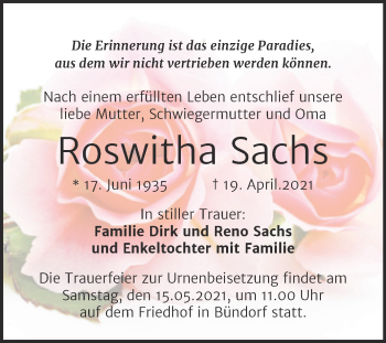 Traueranzeige von Roswitha Sachs von Trauerkombi Merseburg