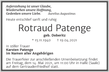 Traueranzeige von Rotraud Patenge von Mitteldeutsche Zeitung Halle/Saalkreis