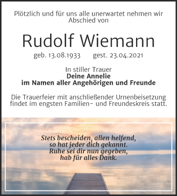 Traueranzeige von Rudolf Wiemann von Trauerkombi Sangerhausen