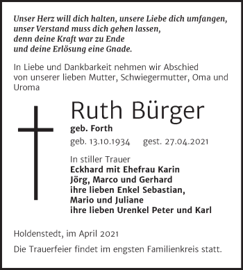 Traueranzeige von Ruth Bürger von Trauerkombi Sangerhausen