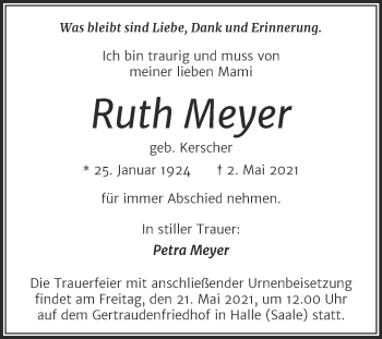 Traueranzeige von Ruth Meyer von Mitteldeutsche Zeitung Halle/Saalkreis