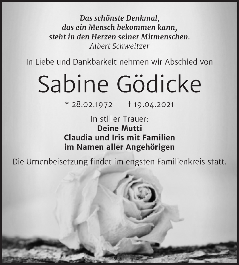  Traueranzeige für Sabine Gödicke vom 08.05.2021 aus Mitteldeutsche Zeitung Halle/Saalkreis