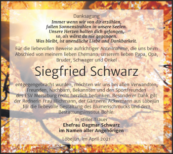 Traueranzeige von Siegfried Schwarz von Trauerkombi Merseburg