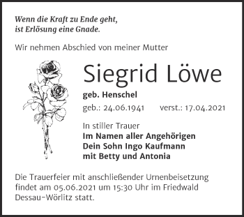Traueranzeige von Siegrid Löwe von Trauerkombi Dessau