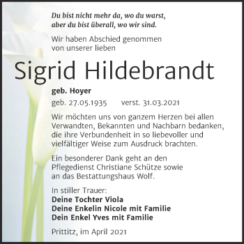 Traueranzeige von Sigrid Hildebrandt von Trauerkombi Weißenfels