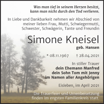 Traueranzeige von Simone Kneisel von Trauerkombi Mansfelder Land