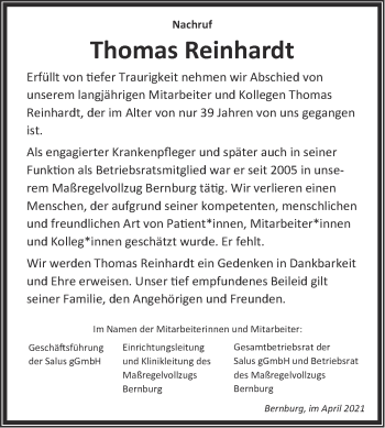 Traueranzeige von Thomas Reinhardt von Super Sonntag Bernburg