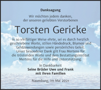 Traueranzeige von Torsten Gericke von Wochenspiegel Naumburg/Nebra