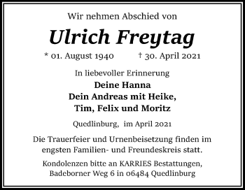Traueranzeige von Ulrich Freytag von Trauerkombi Quedlinburg