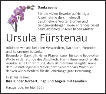 Traueranzeige von Ursula Fürstenau von Trauerkombi Quedlinburg