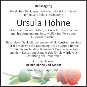 Traueranzeige von Ursula Höhne von Trauerkombi Quedlinburg