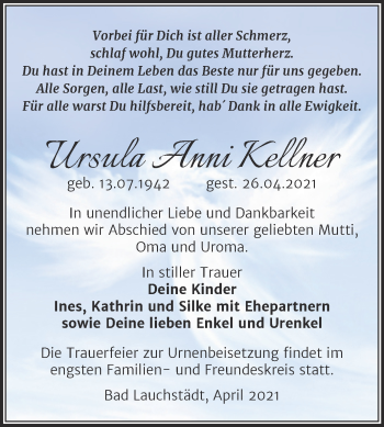 Traueranzeige von Ursula Anni Kellner von Trauerkombi Merseburg