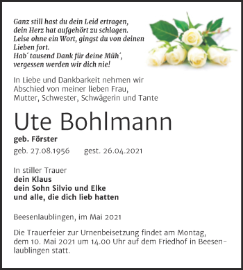 Traueranzeige von Ute Bohlmann von Trauerkombi Bernburg