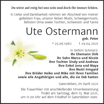 Traueranzeige von Ute Ostermann von Trauerkombi Quedlinburg