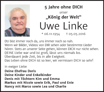 Traueranzeige von Uwe Linke von Trauerkombi Bitterfeld