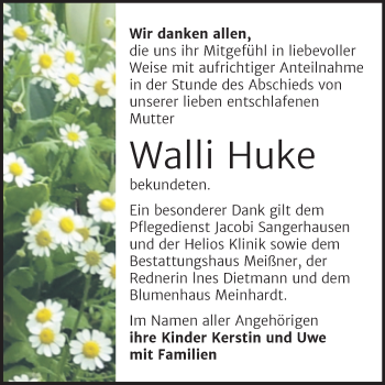 Traueranzeige von Walli Huke von Trauerkombi Sangerhausen