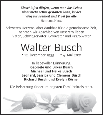 Traueranzeige von Walter Busch von Mitteldeutsche Zeitung Halle/Saalkreis