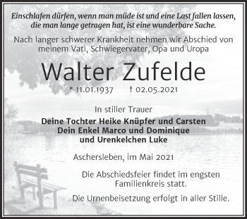 Traueranzeige von Walter Zufelde von Trauerkombi Aschersleben