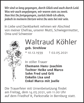 Traueranzeige von Waltraud Köhler von Trauerkombi Bernburg