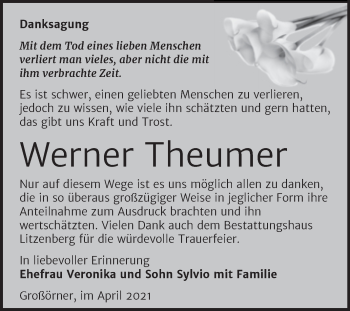 Traueranzeige von Werner Theumer von Trauerkombi Mansfelder Land