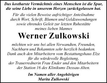 Traueranzeige von Werner Zulkowski von Trauerkombi Dessau