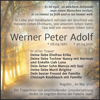 Traueranzeige von Werner Peter Adolf von Trauerkombi Bitterfeld